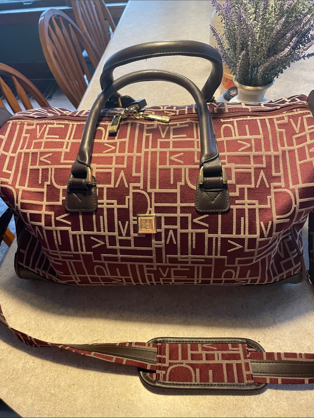 Diane Von Furstenberg Burgundy Monogram Travel Duffel with Dark Brown Trim